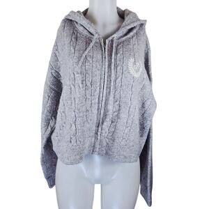 Victoria Secret Pink Gray Cable Knit Super Soft Hooded Cropped Sweater Jacket XL